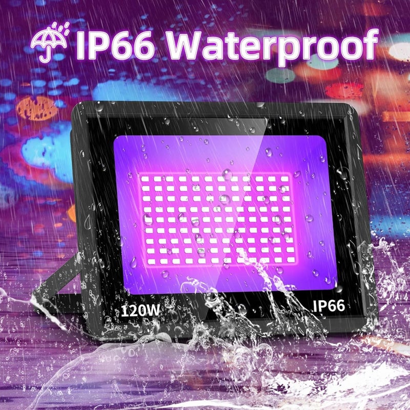 THECHAM Store 2 Pack Waterproof 120W LED Black Lights con 6ft Cord, Outdoor Black Lights Floodlight for Glow Party, Light Up 1100ft, Flood Light in Dark for Christmas, Birthday, Halloween - Image 5